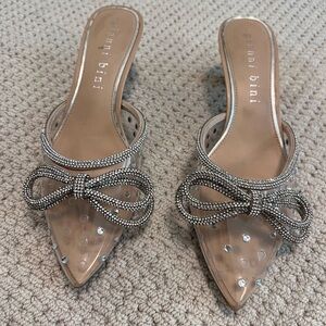 Gianni Bini Nude Clear Pointed Toe Heels with Rhinestone Bow